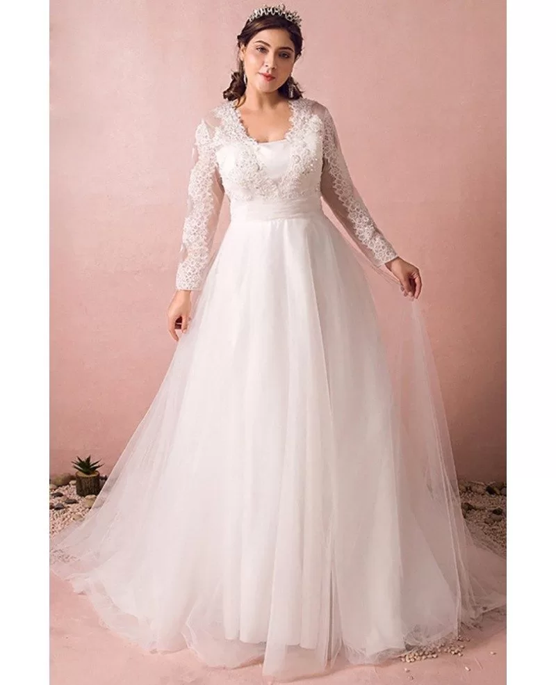 Modest Long Lace Sleeve Plus Size Wedding Dress Tulle Beach Weddings #