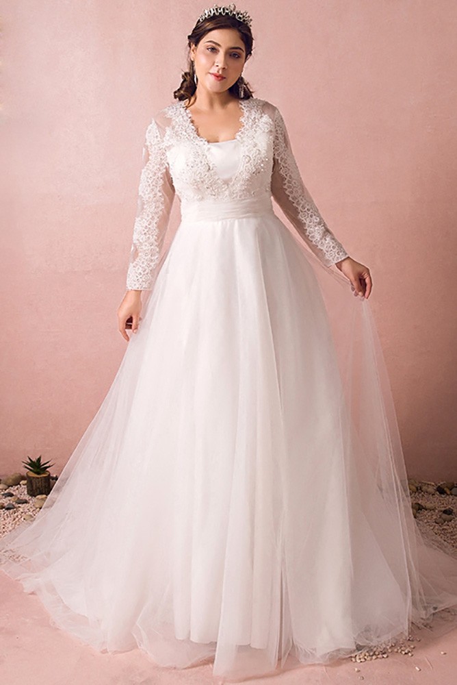 Ruffled Lace & Tulle Plus Size Country Wedding Gown - Xdressy