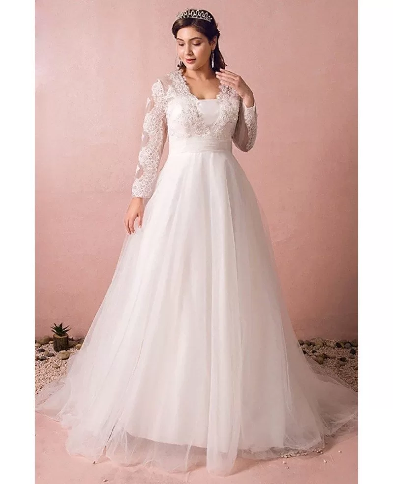 Modest Long Lace Sleeve Plus Size Wedding Dress Tulle Beach Weddings MN8024 GemGrace