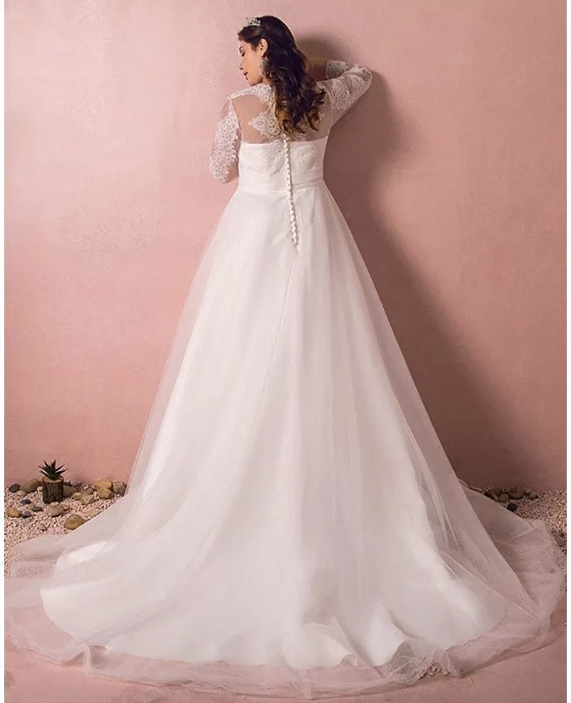 Modest Long Lace Sleeve Plus Size Wedding Dress Tulle Beach Weddings MN8024 GemGrace