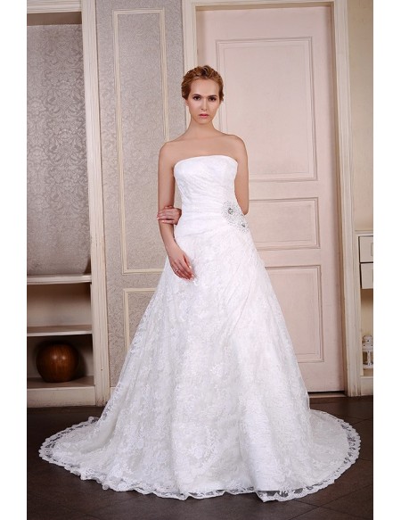 Ball-Gown Strapless Chaple Train Lace Wedding Dress With Beading