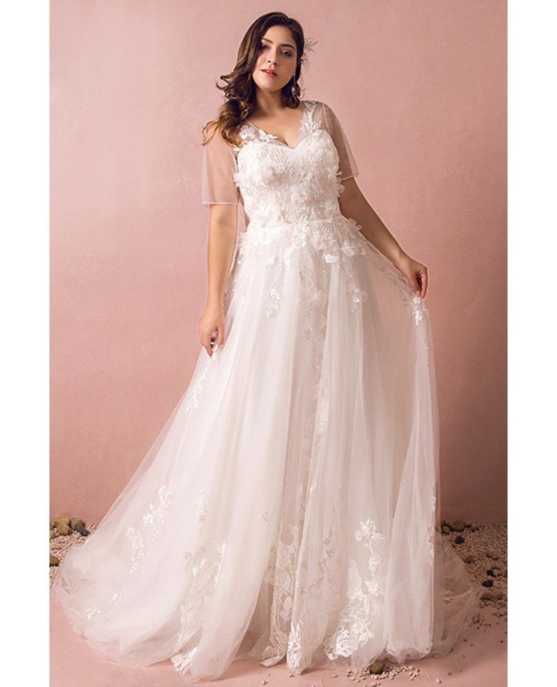 Dreamy Boho Plus Size Wedding Dress With Sleeves For Beach Wedding MN8025 GemGrace