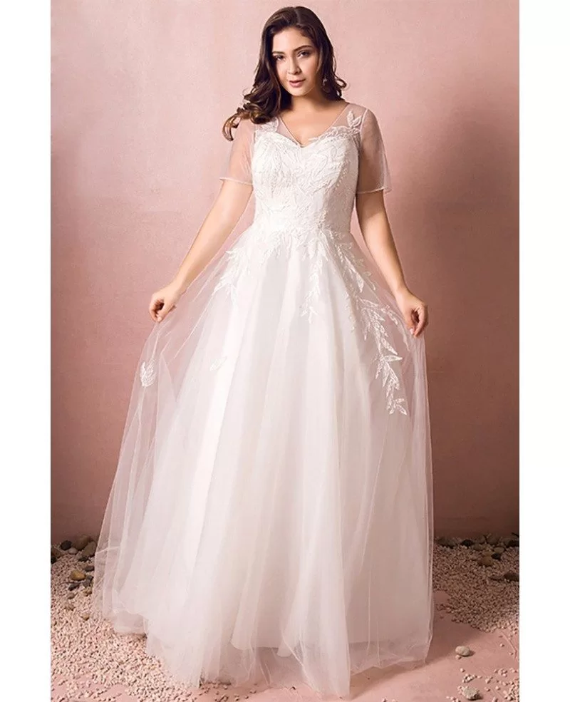 Simple Modest Plus Size Beach Wedding Dress Illusion Sleeves Long Tulle  Style #MN8026 