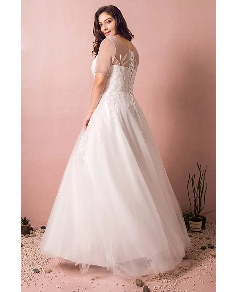 Simple Modest Plus Size Beach Wedding Dress Illusion Sleeves Long Tulle Style MN8026 GemGrace