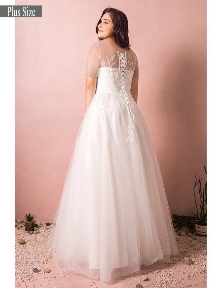 Simple Modest Plus Size Beach Wedding Dress Illusion Sleeves Long Tulle Style