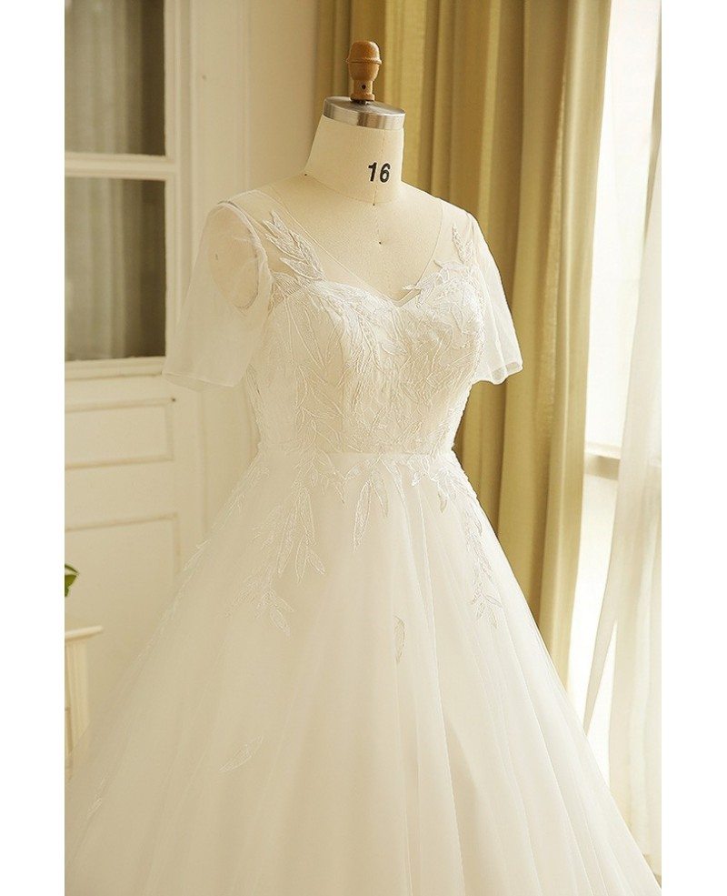 Simple Modest Plus Size Beach Wedding Dress Illusion Sleeves Long Tulle ...