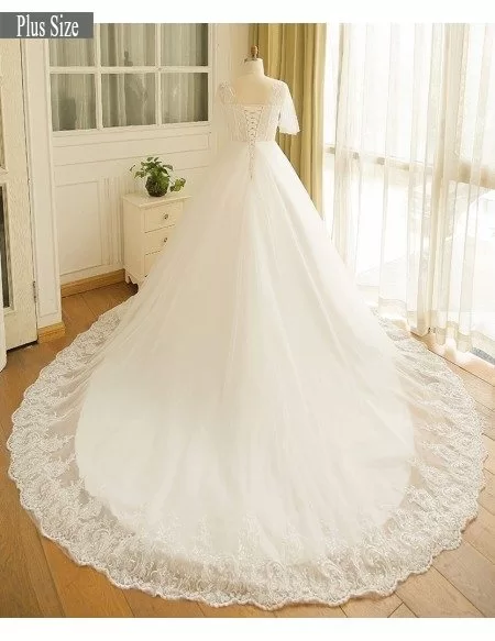 Flowy Plus Size A Line Lace Wedding Dress Tulle Corset With Long Train