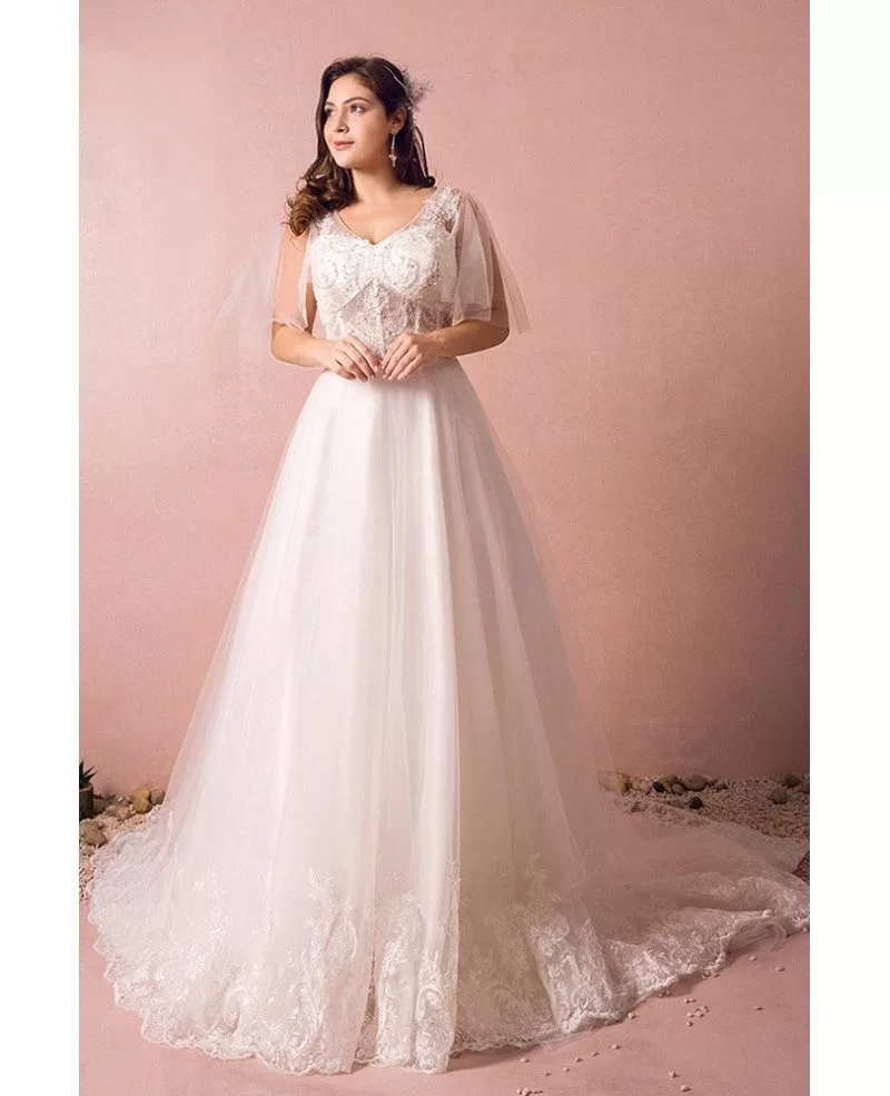 Flowy Plus Size A Line Lace Wedding Dress Tulle Corset With Long Train MN8028 GemGrace