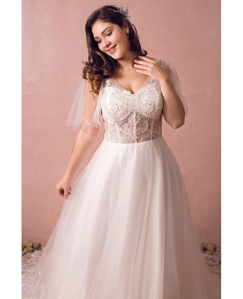 Flowy Plus Size A Line Lace Wedding Dress Tulle Corset