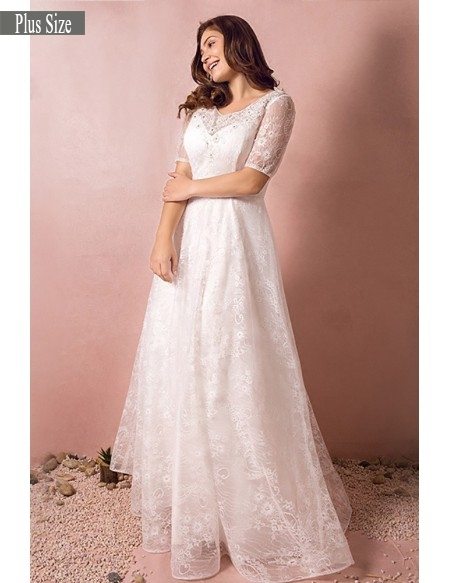 Modest Lace Short Sleeve Plus Size Wedding Dress With Beading For Cheap Online