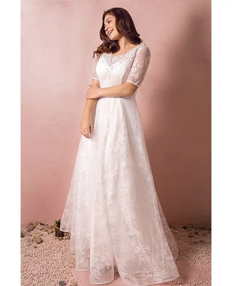 Modest Lace Short Sleeve Plus Size Wedding Dress With