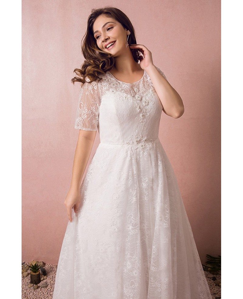 Modest Lace Short Sleeve Plus Size Wedding Dress With