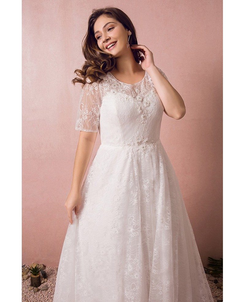 Modest Lace Short Sleeve Plus Size Wedding Dress With Beading For Cheap 