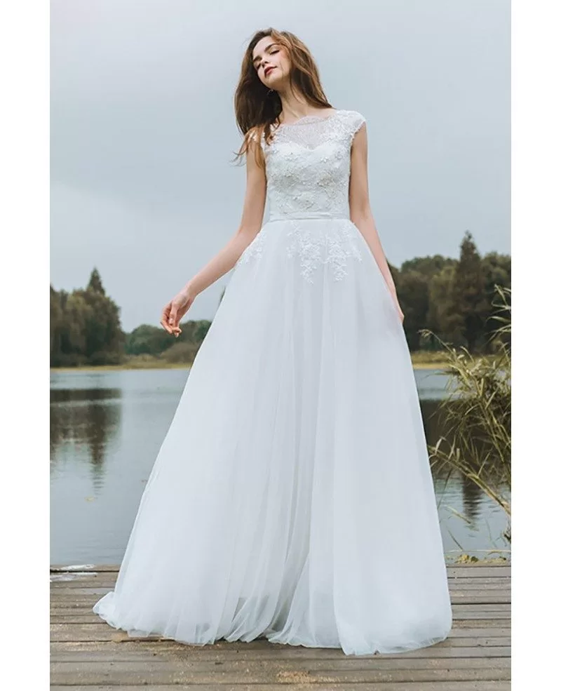 Simple Lace A Line Boho Beach Wedding Dress Long Tulle Flowy With Cap 