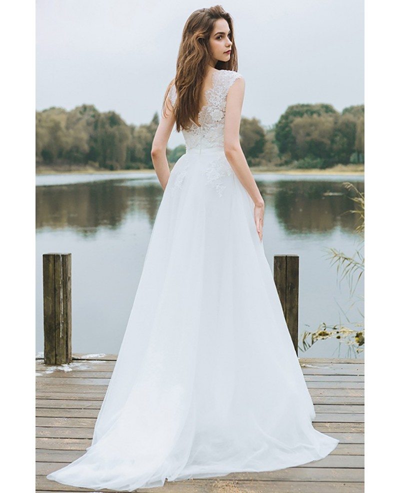 Simple Lace A Line Boho Beach Wedding Dress Long Tulle Flowy With Cap