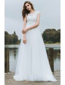 Simple Lace A Line Boho Beach Wedding Dress Long Tulle Flowy With Cap Sleeves 2018