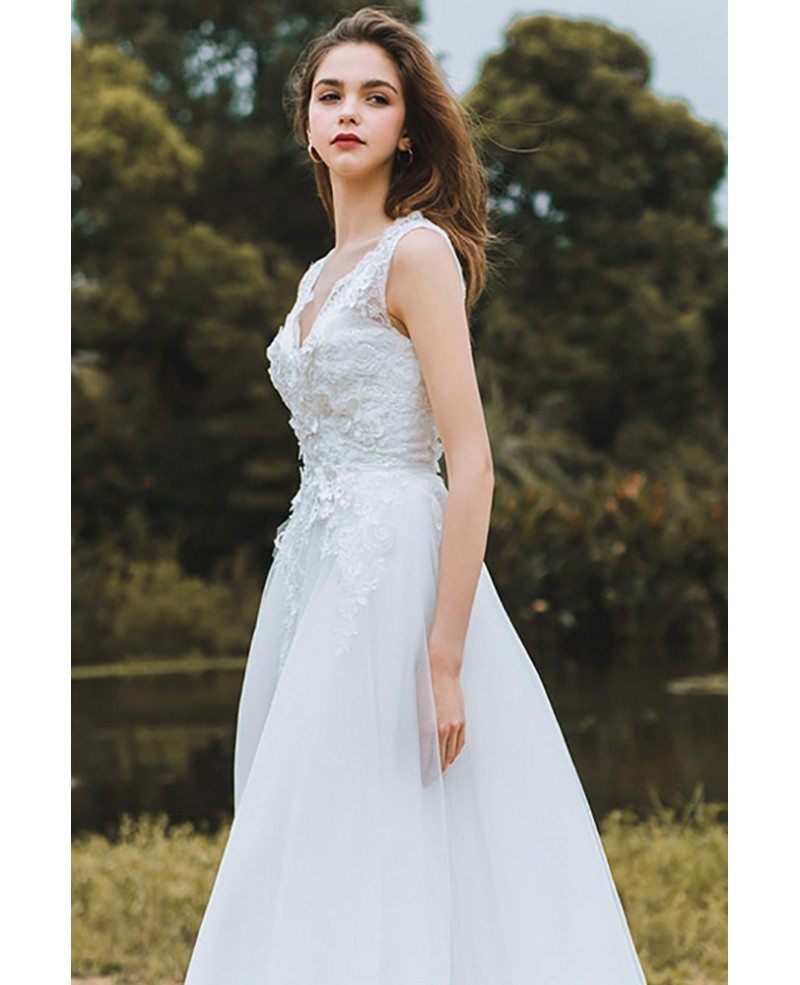 Elegant Lace Vneck Beach Wedding Dress Boho Long Tulle A
