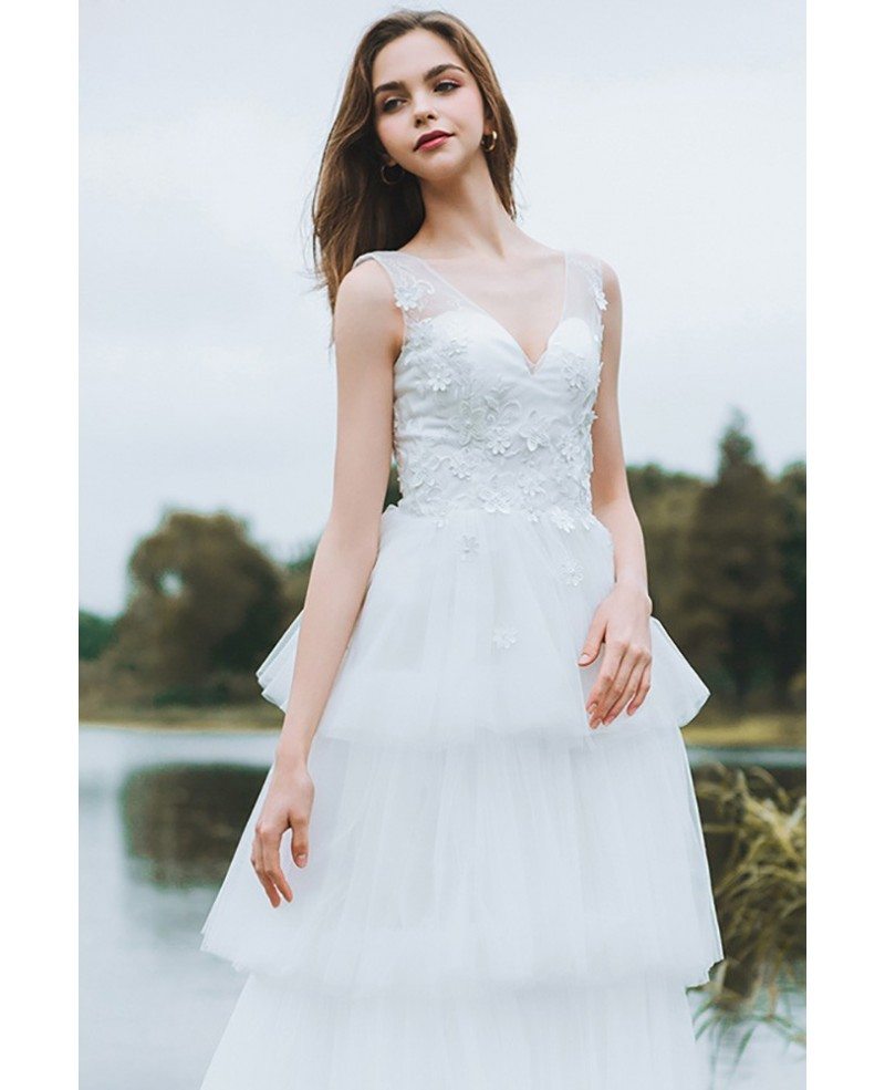 Unique Tiered Tulle Low Back Boho Wedding Dress Beach