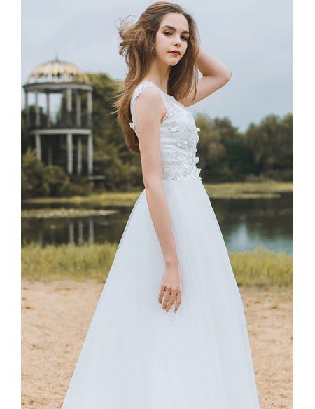 Modest Lace A Line Beach Wedding Dress Cheap Boho Cap Sleeves Long Flowing Tulle