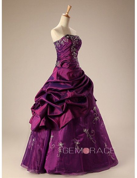 Grape Ballgown Embroidered Strapless Long Gown with Ruffles