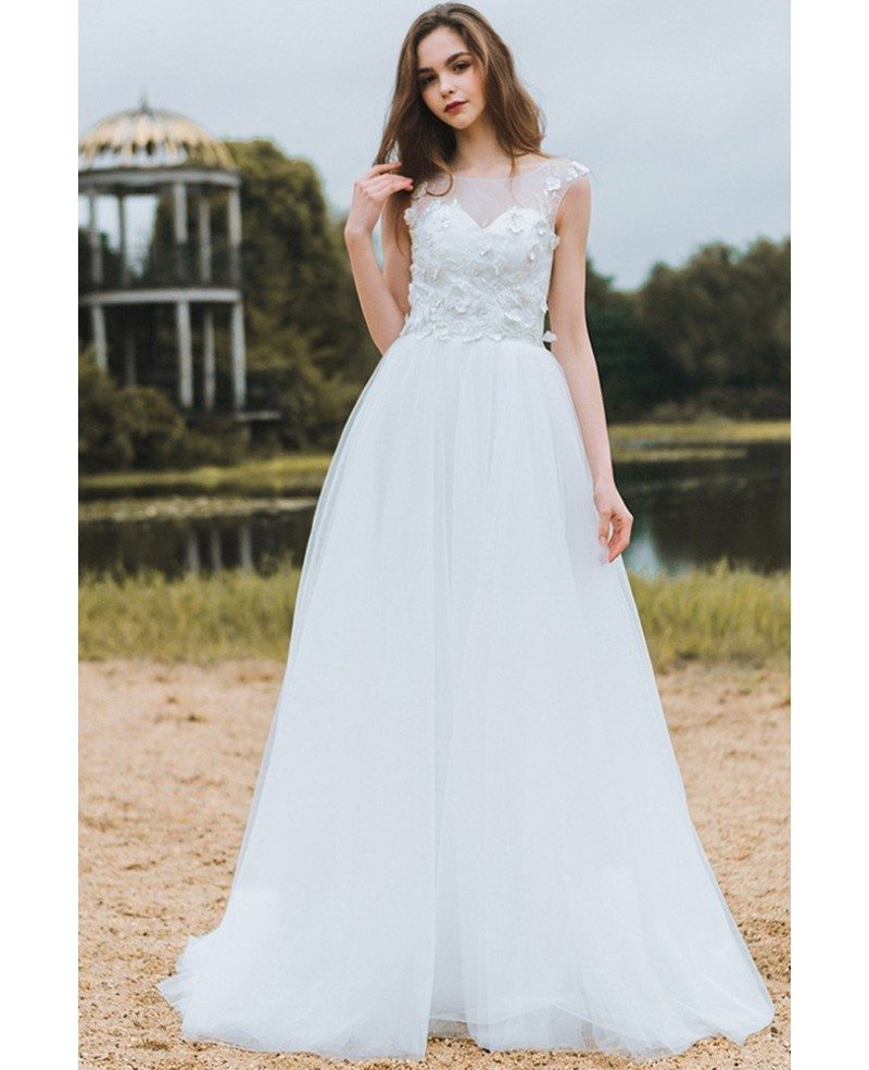 Modest Lace A Line Beach Wedding Dress Cheap Boho Cap Sleeves Long ...