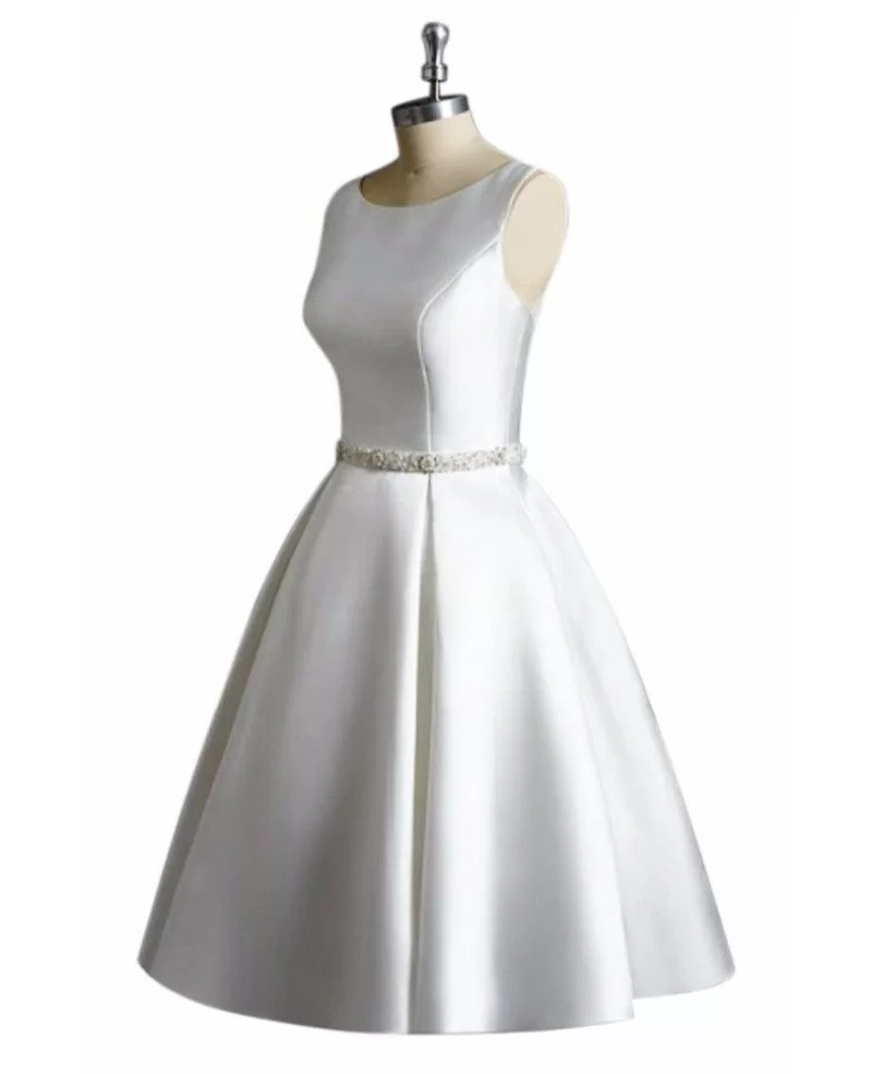 Simple Vintage A Line Satin Short Wedding Dress Reception Sleeveless # ...