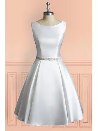 Simple Vintage A Line Satin Short Wedding Dress Reception Sleeveless