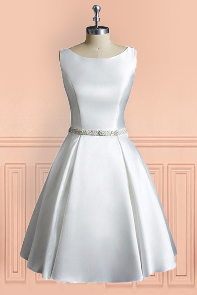 Simple Vintage A Line Satin Short Wedding Dress Reception Sleeveless # ...