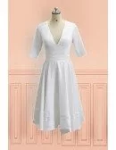 Simple V Neck Tea Length Wedding Dress With Half Sleeve For Older Brides