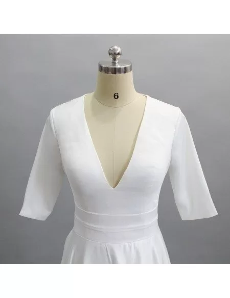Simple V Neck Tea Length Wedding Dress With Half Sleeve For Older Brides
