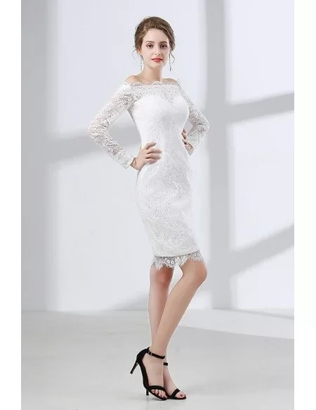 Fitted Lace Off Shoulder Short Wedding Dress Long Sleeves For Wedding Reception Party