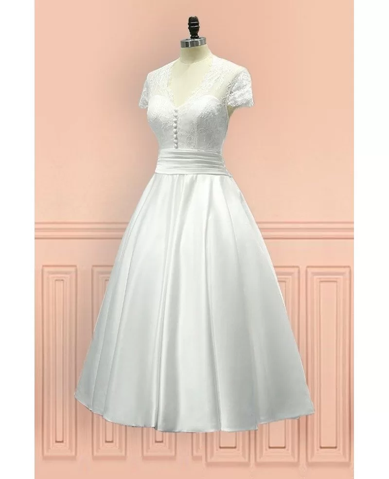 Vintage Tea Length Wedding Dress Sheer Back With Cap Sleeves #E7957 ...