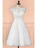 Vintage Knee Length Lace A Line Short Wedding Dress Modest Cap Sleeves