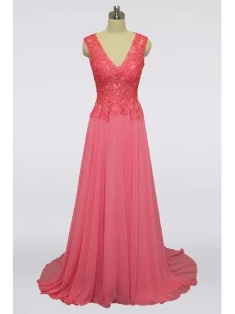 Youngful Coral Pink Long Mother Of The Bride Dress V-neck With Lace Bodice