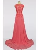 Youngful Coral Pink Long Mother Of The Bride Dress V-neck With Lace Bodice