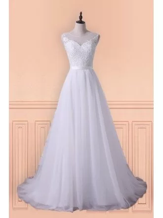 Princess A-line Tulle Long Wedding Dress With Sweep Train For Older Brides
