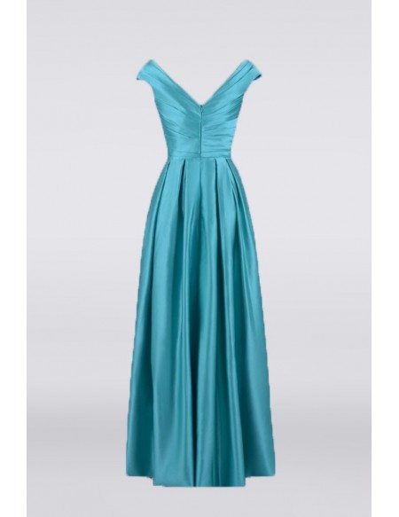 Long Teal Pleats Satin Mother Of The Bride Dress With Cap Sleeves