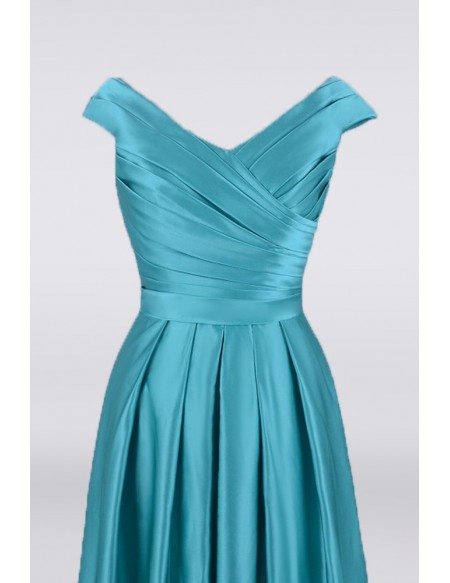 Long Teal Pleats Satin Mother Of The Bride Dress With Cap Sleeves