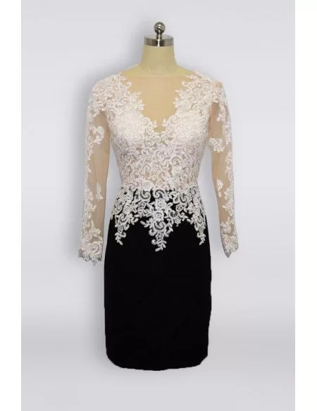 Short Black And White Lace Mother Of Bride Dress With Long Sleeves 2018