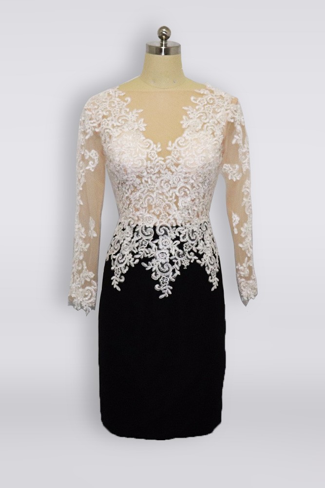 Short Black And White Lace Mother Of Bride Dress With Long Sleeves 2018 ...
