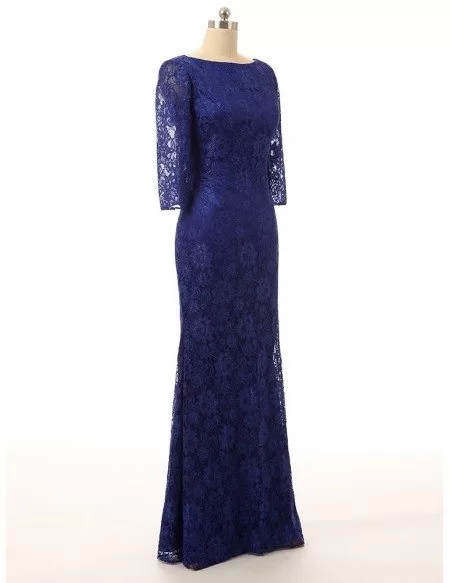 Formal Royal Blue Lace Long Evening Mother Of The Bride Dress With Sleeves