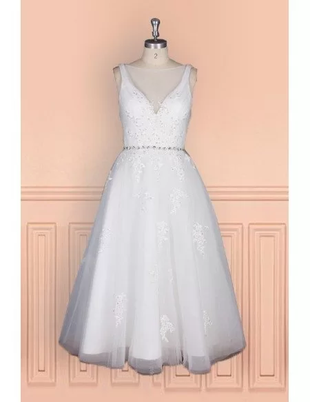 Elegant Tea Length Wedding Dress For Women With Crystal Waist