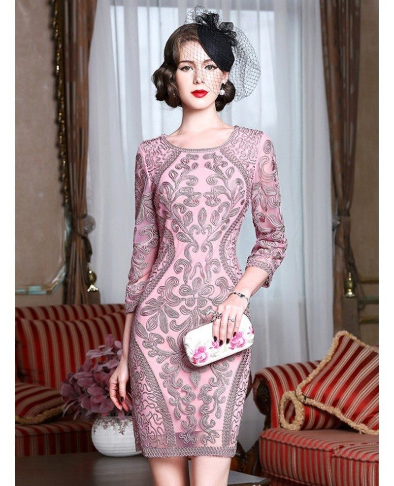 Classy Pink Embroidery Short Wedding Guest Dress 3 4 Sleeves Dress For Weddings ZL8001