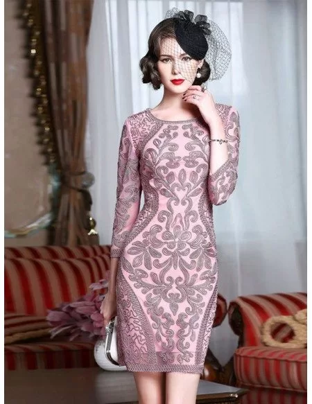 Classy Pink Embroidery Short Wedding Guest Dress 3/4 Sleeves Dress For ...