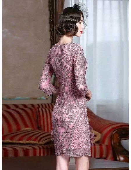 Classy Pink Embroidery Short Wedding Guest Dress 3/4 Sleeves Dress For Weddings