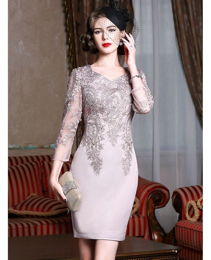 Long Sleeve Embroidered Cocktail Dress For Women Over 40 50 Wedding Guest Dress ZL8002