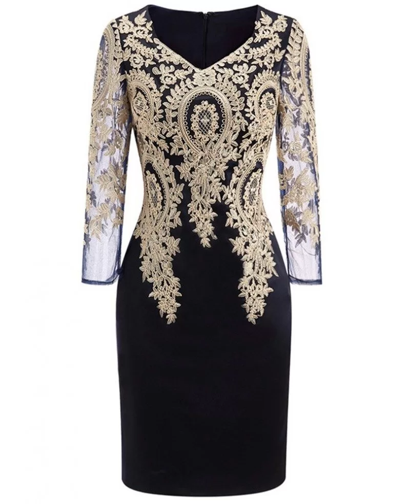 Long Sleeve Embroidered Cocktail Dress For Women Over 40,50 Wedding ...