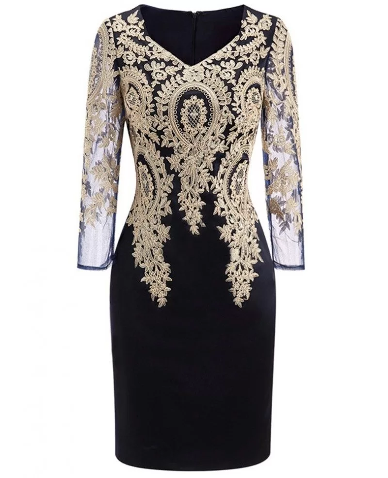 Long Sleeve Embroidered Cocktail Dress For Women Over 40 50 Wedding Guest Dress ZL8002