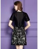 Black A Line Embroidered Short Dress For Wedding Guest With Short Sleeves