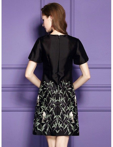 Black A Line Embroidered Short Dress For Wedding Guest With Short Sleeves